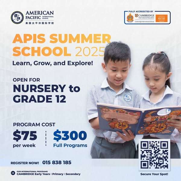 Promotional poster for APIS Summer School 2025 detailing weekly themes, program dates, tuition fees, and student activities for Nursery to Grade 12.