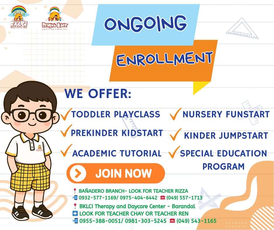 Poster from Bright Kidz Learning Camp Inc. promoting ongoing enrollment for toddler, preschool, SPED, and tutorial programs with cartoon characters and classroom visuals.