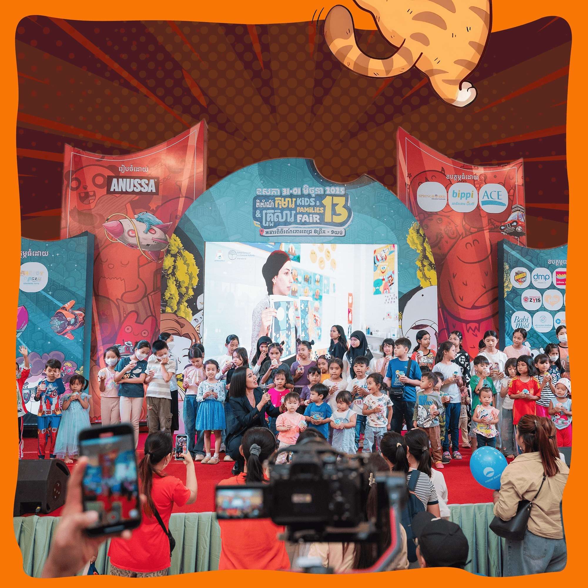 Crowded scenes of the Kids and Families Fair with families, children, booths, and promotions at the Koh Pich Exhibition Center, featuring banners and discount signs.