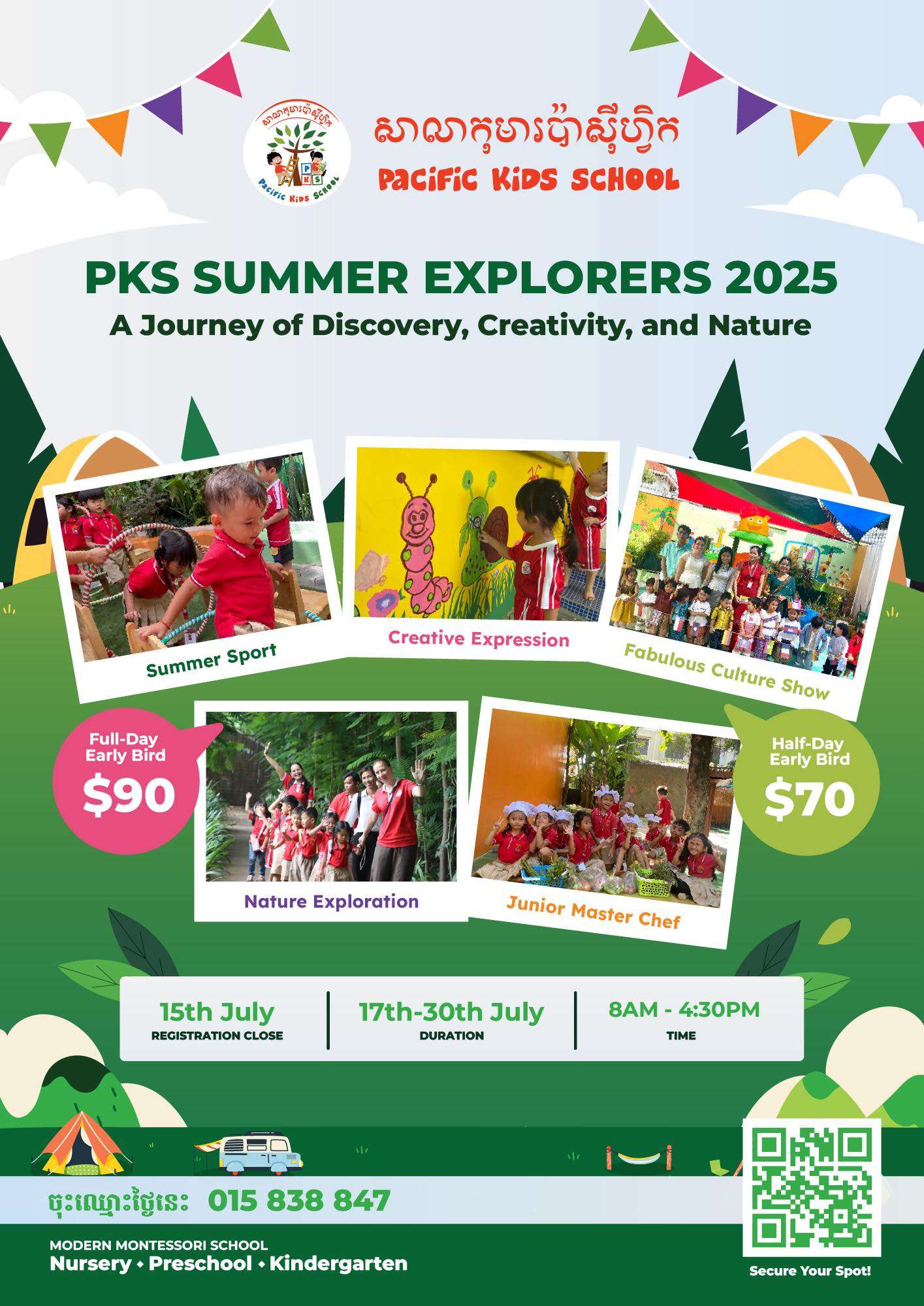 Promotional poster for Pacific Kids School Summer Explorers 2025 featuring photos of children participating in sports, art, and cultural events, with early bird pricing details.