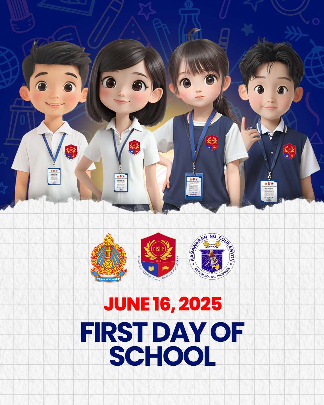 Cartoon-style students in school uniforms promote the June 16, 2025 first day of school at Philippine International School of Phnom Penh.
