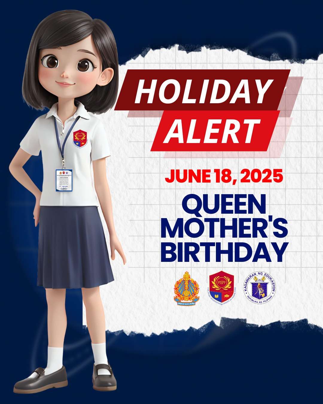 Cartoon student figure beside bold text announcing no classes on June 18, 2025, for Queen Mother’s Birthday, shared by the Philippine International School of Phnom Penh.