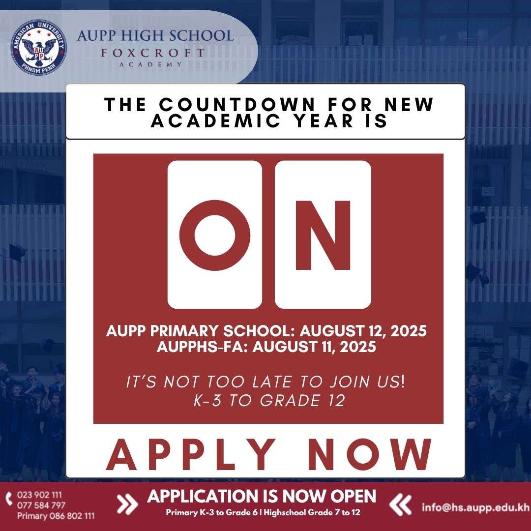 Promotional poster for AUPP High School – Foxcroft Academy showing countdown to the 2025–2026 academic year with enrollment information and contact details.