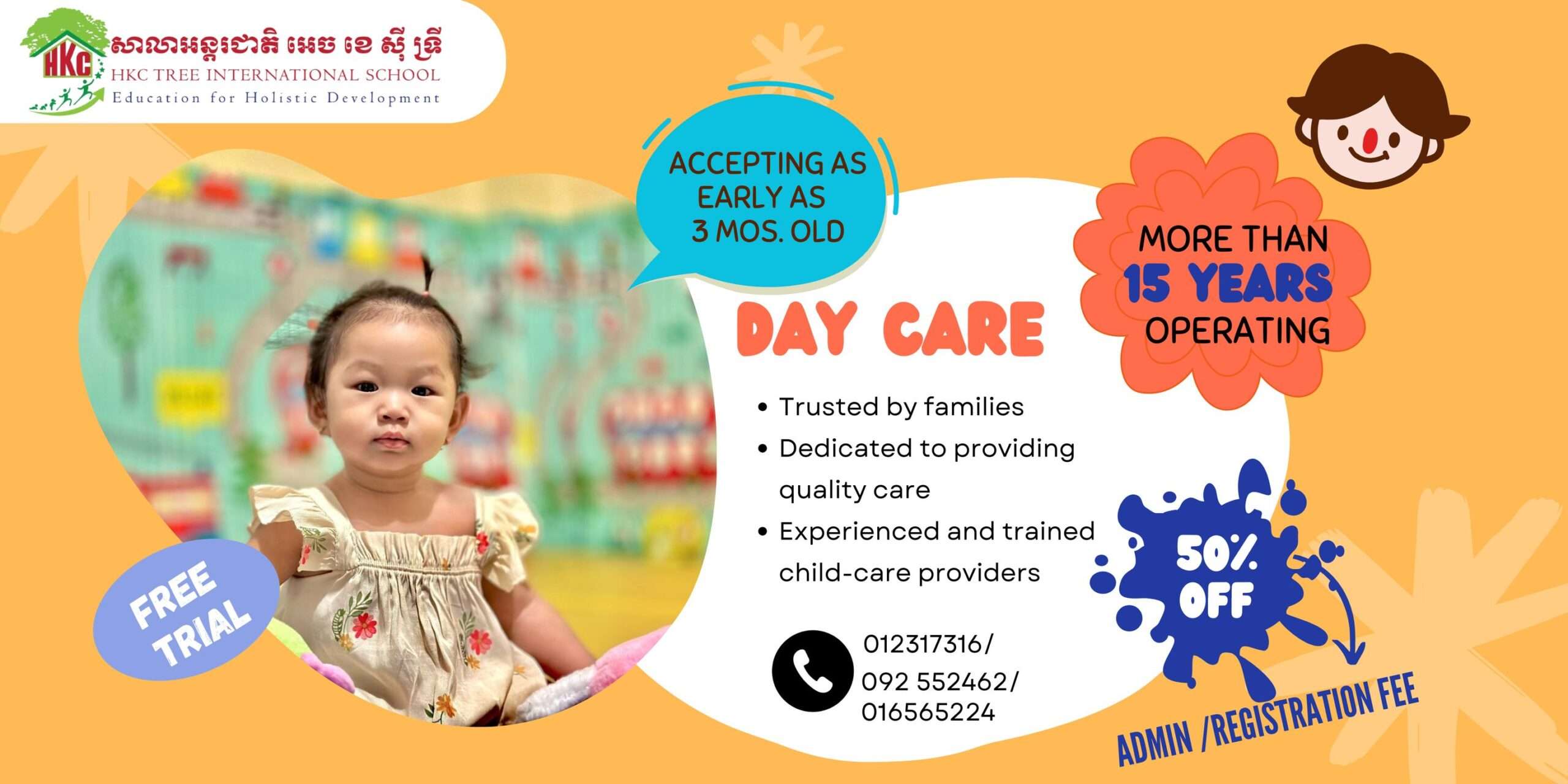 Daycare promotion poster for HKC Tree International School showing a toddler, program highlights, and a 50% off registration offer in Phnom Penh