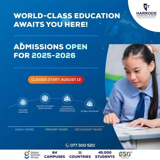 Promotional image from Harrods International Academy Cambodia announcing 2025–2026 admissions, featuring a student in uniform and visual icons of the school’s educational values.