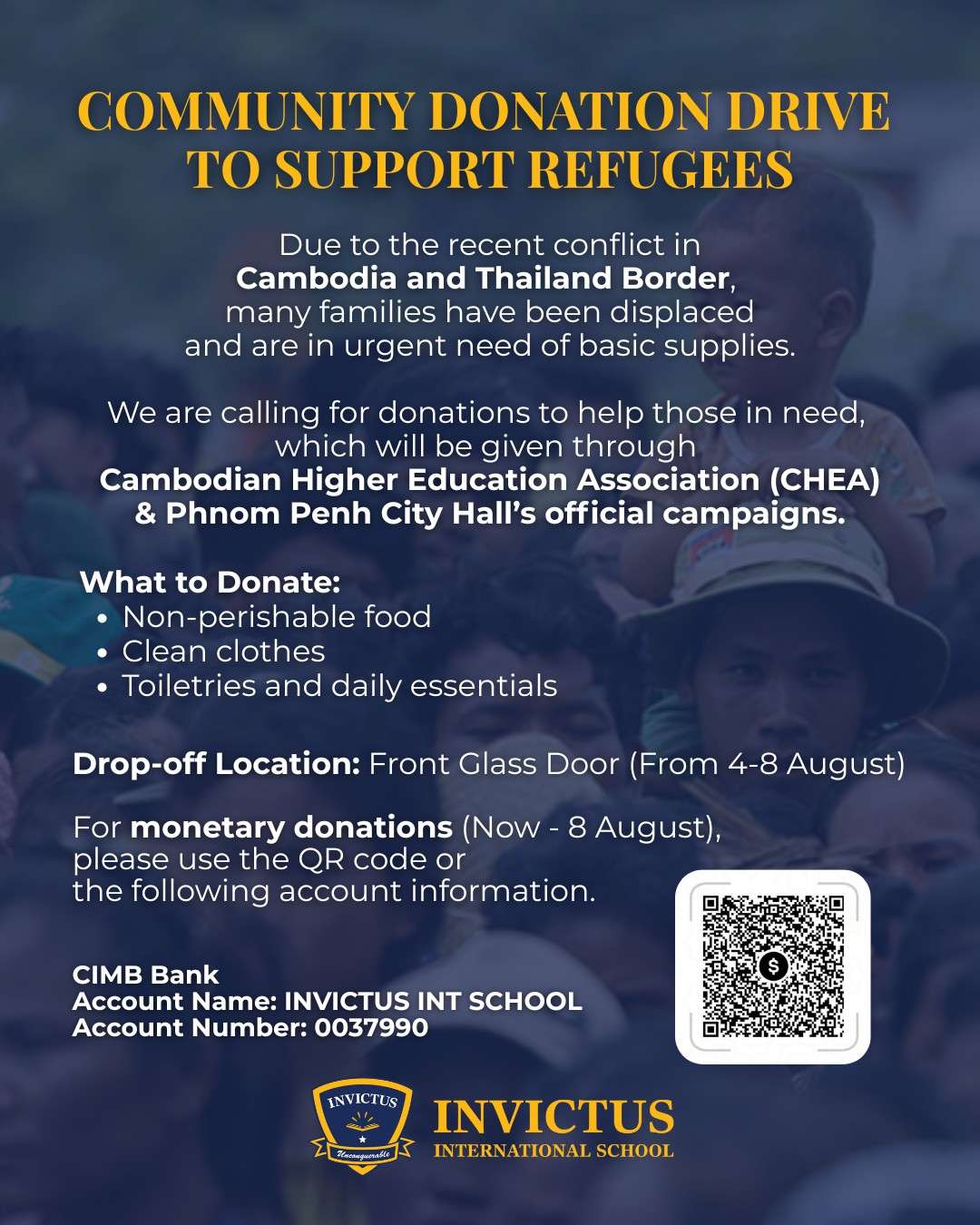 Poster from Invictus International School Phnom Penh promoting a community donation drive to support displaced refugees affected by the Cambodia-Thailand border conflict.