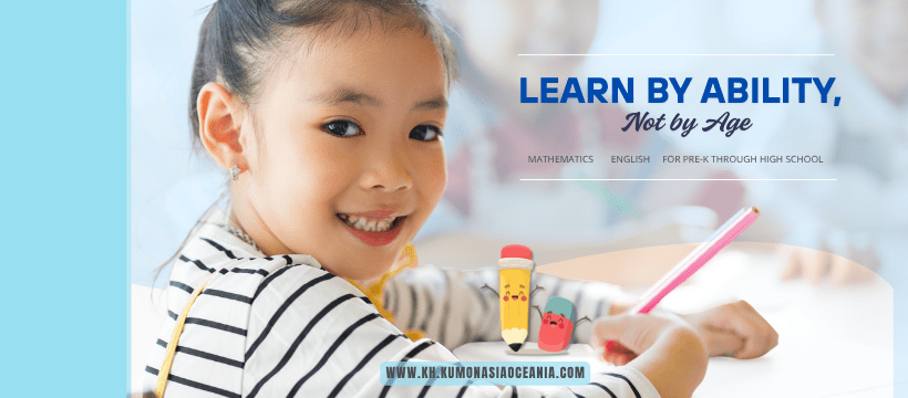 Young child smiling and writing during Kumon session, with banner text “Learn by Ability, Not by Age”
