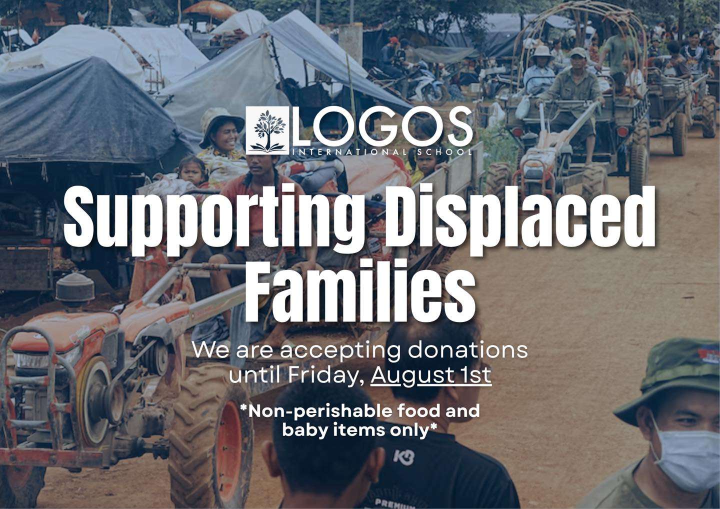 Logos International School donation banner featuring displaced families and school volunteers organizing food aid in Cambodia