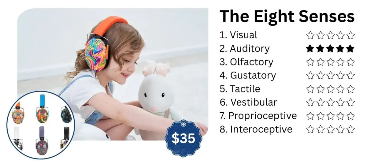 A young child wearing colorful noise-cancelling headphones while calmly playing with a stuffed rabbit at OrbRom Center in Phnom Penh