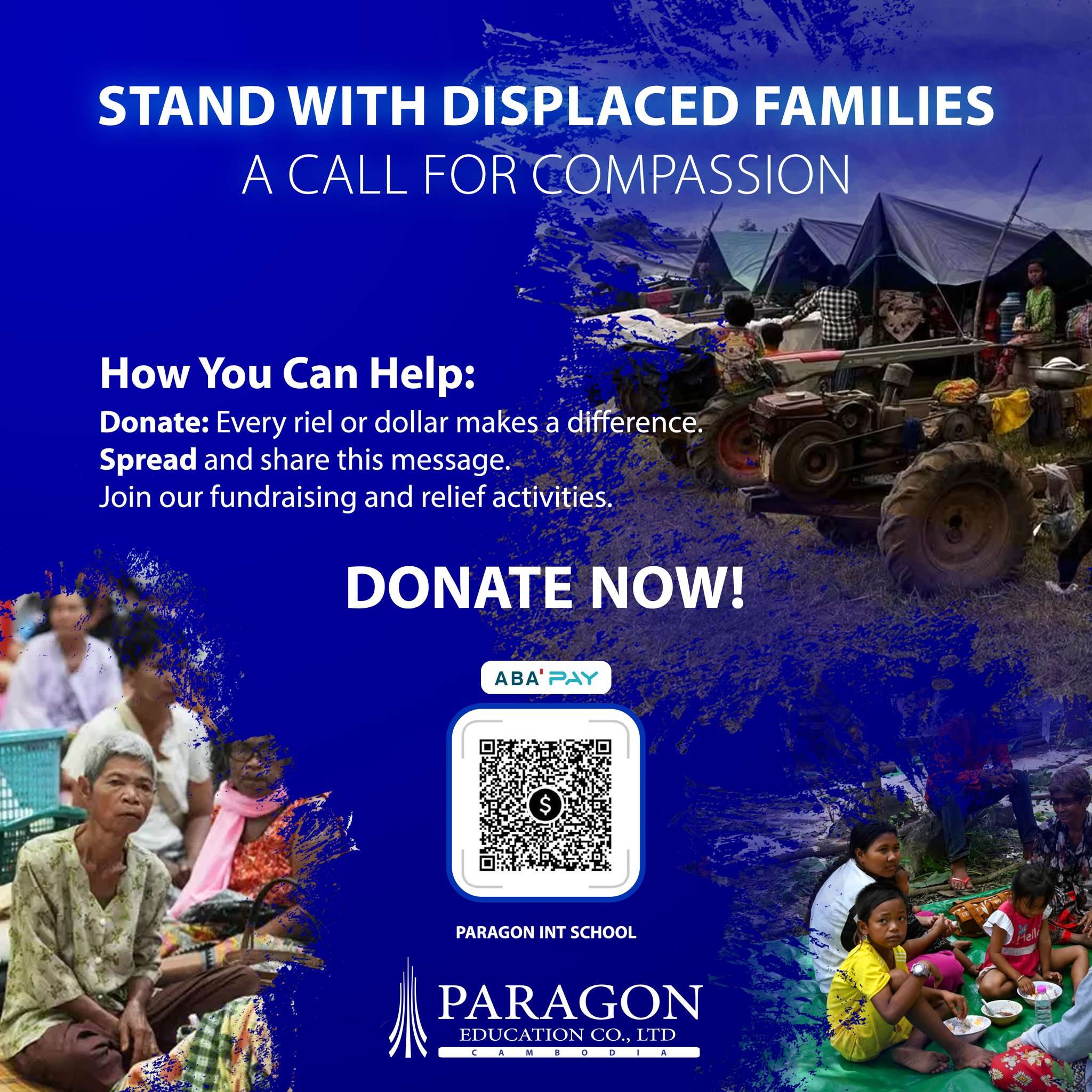 Paragon International School’s official donation poster featuring a QR code and the message "Stand With Displaced Families – A Call for Compassion" in support of border relief efforts.
