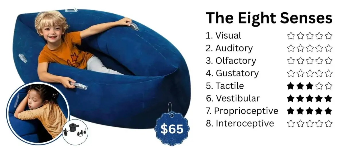 A child relaxing in a blue inflatable sensory peapod, receiving deep pressure input at OrbRom Center in Phnom Penh