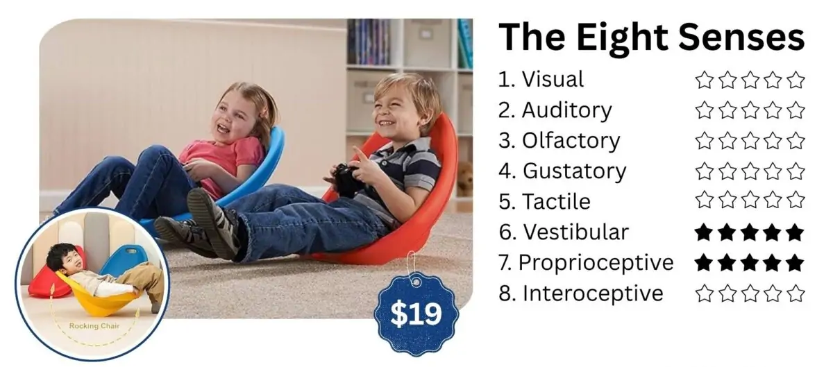 Children using sensory rocking chairs to support vestibular and proprioceptive development at a therapy center in Phnom Penh