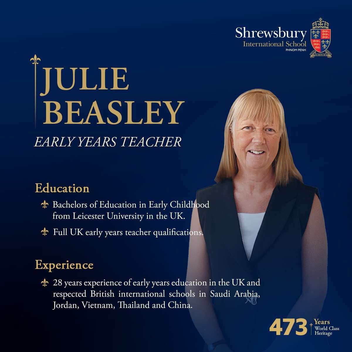 Portrait of Ms. Julie Beasley, Early Years Teacher at Shrewsbury International School Phnom Penh, with school branding in the background