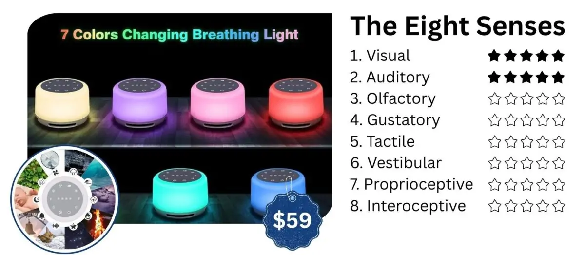 Multi-colored sleep sound machines providing calming light and white noise for children at OrbRom Center in Phnom Penh