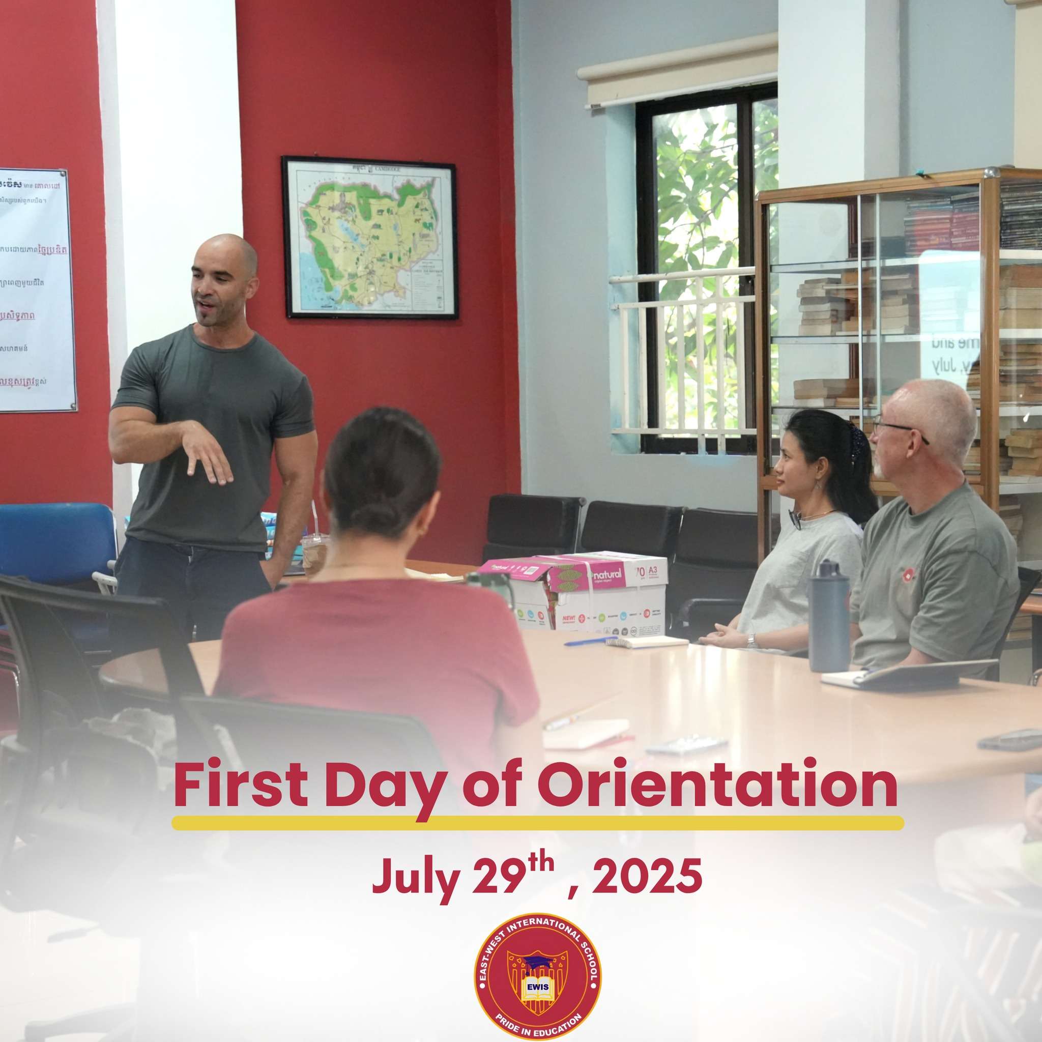 New teachers participating in orientation day at East-West International School Cambodia, July 29th 2025, engaging in discussions and presentations to understand school values and procedures.