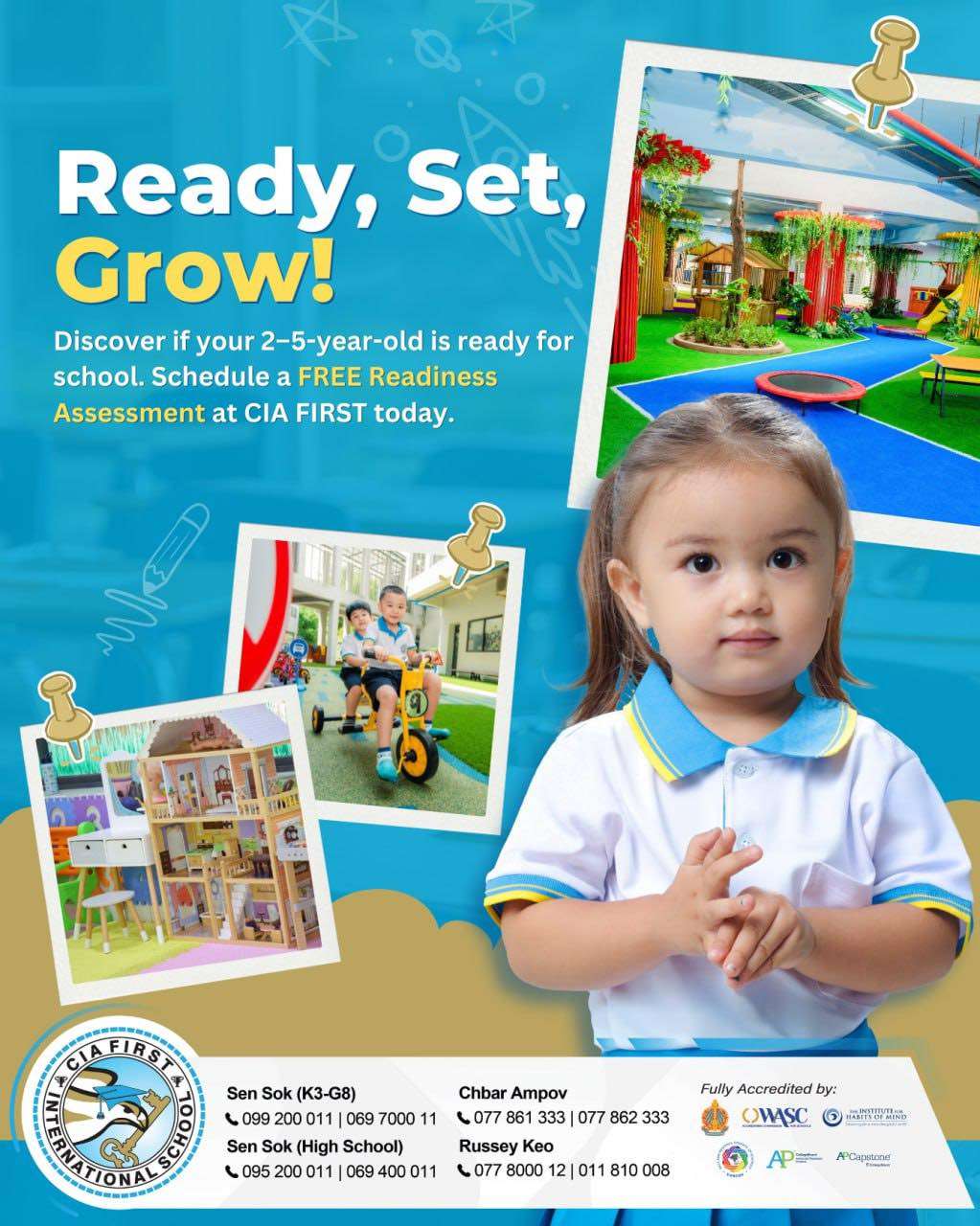 Promotional poster from CIA FIRST International School featuring a child and facilities, advertising a free readiness assessment for 2–5-year-olds.