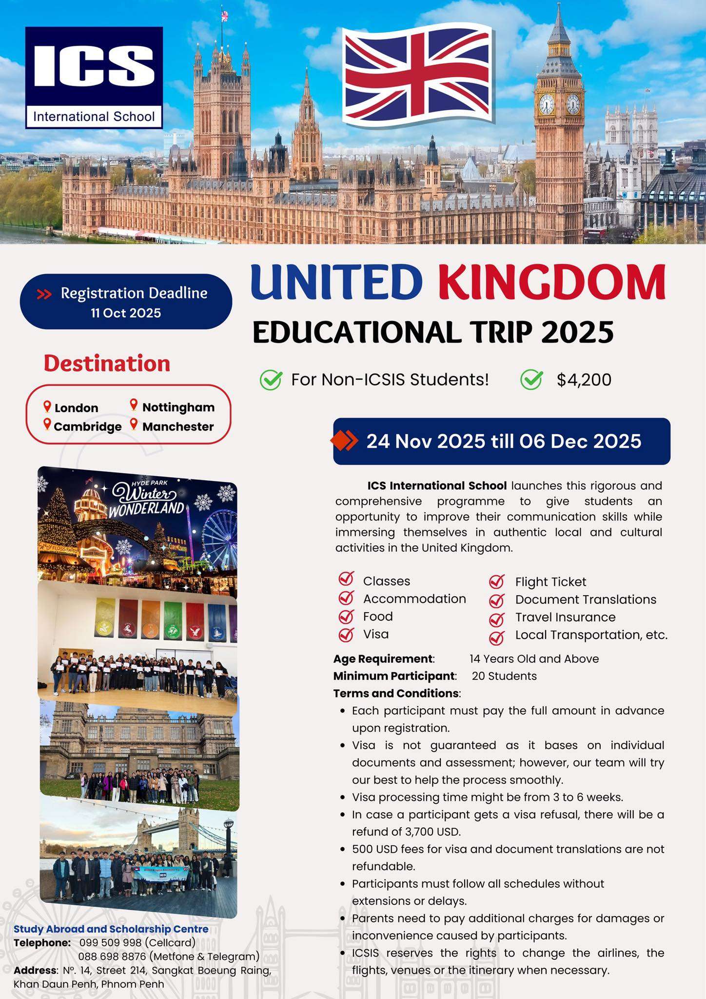 ICS International School UK Educational Trip 2025 promotional poster with Big Ben, Union Jack, and student activities