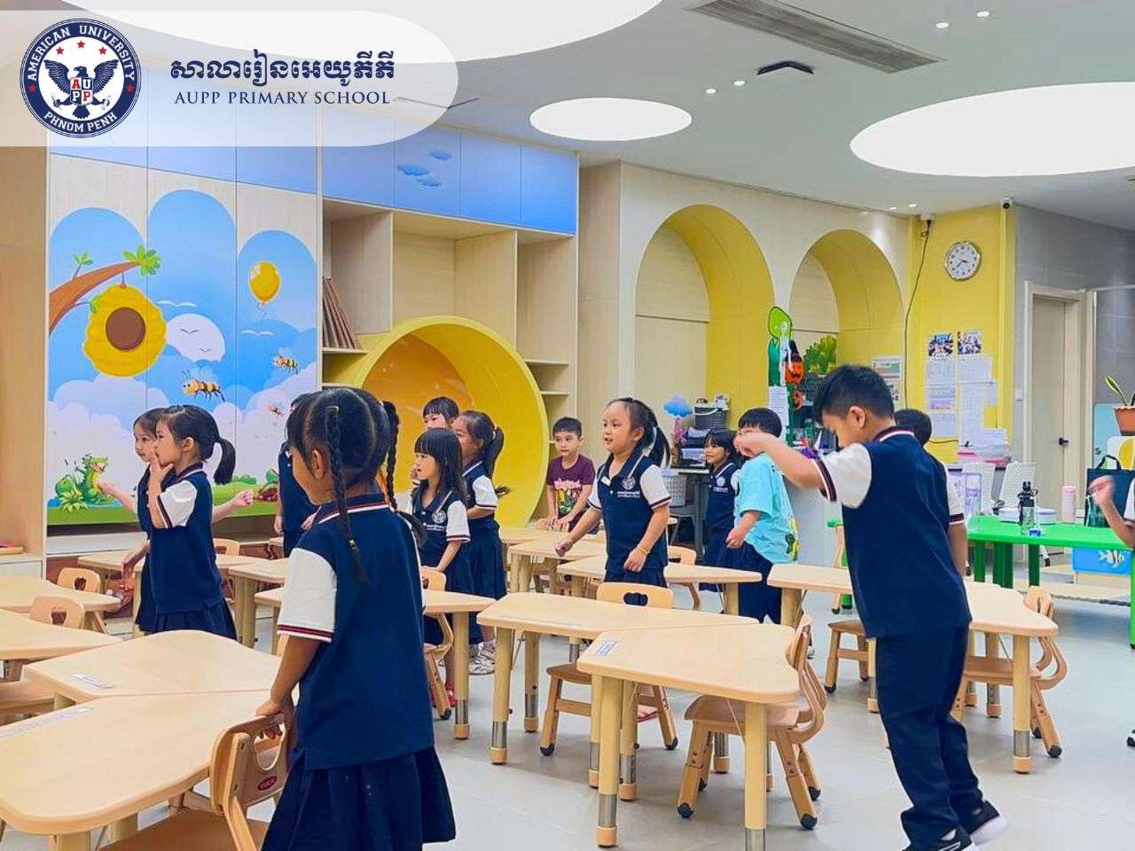 AUPP Primary School K3 students practicing Walking on a Line activity in class.