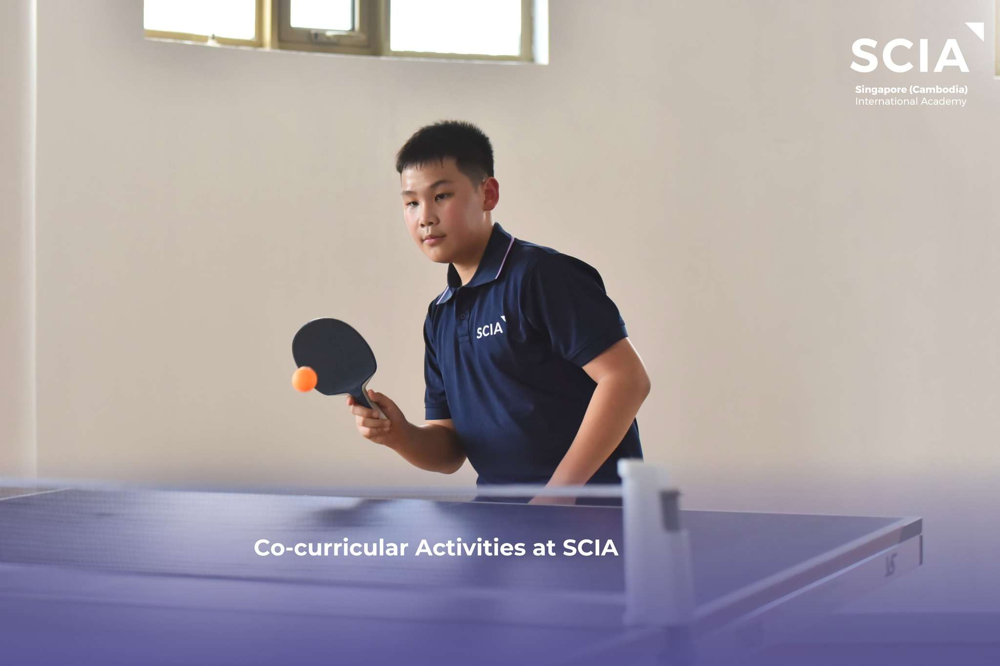 Singapore Cambodia International Academy students participating in co-curricular activities including basketball, table tennis, and outdoor group events