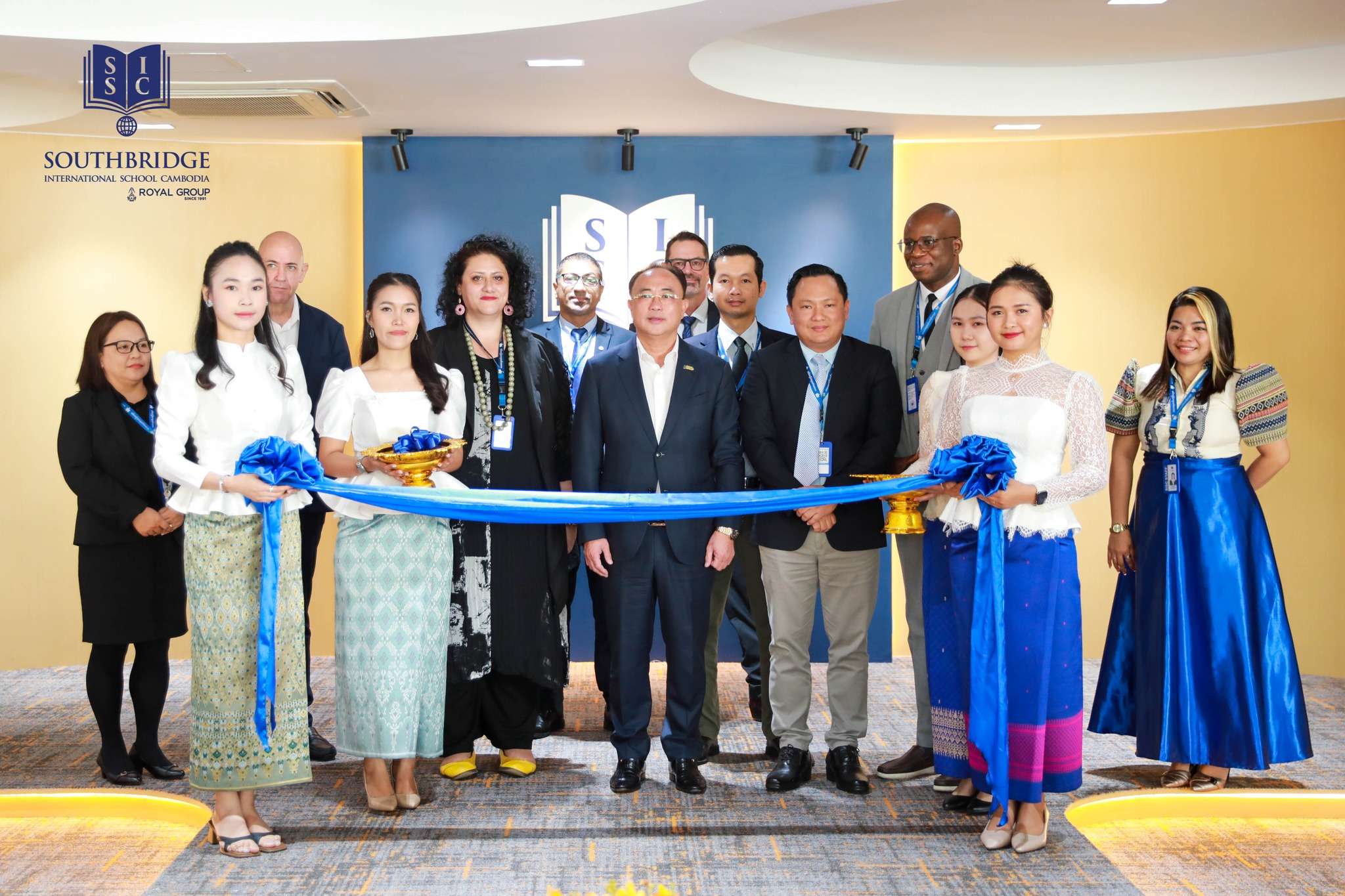 Students, staff, and leadership at Southbridge International School Cambodia inauguration event, ribbon cutting, and new uniform launch.