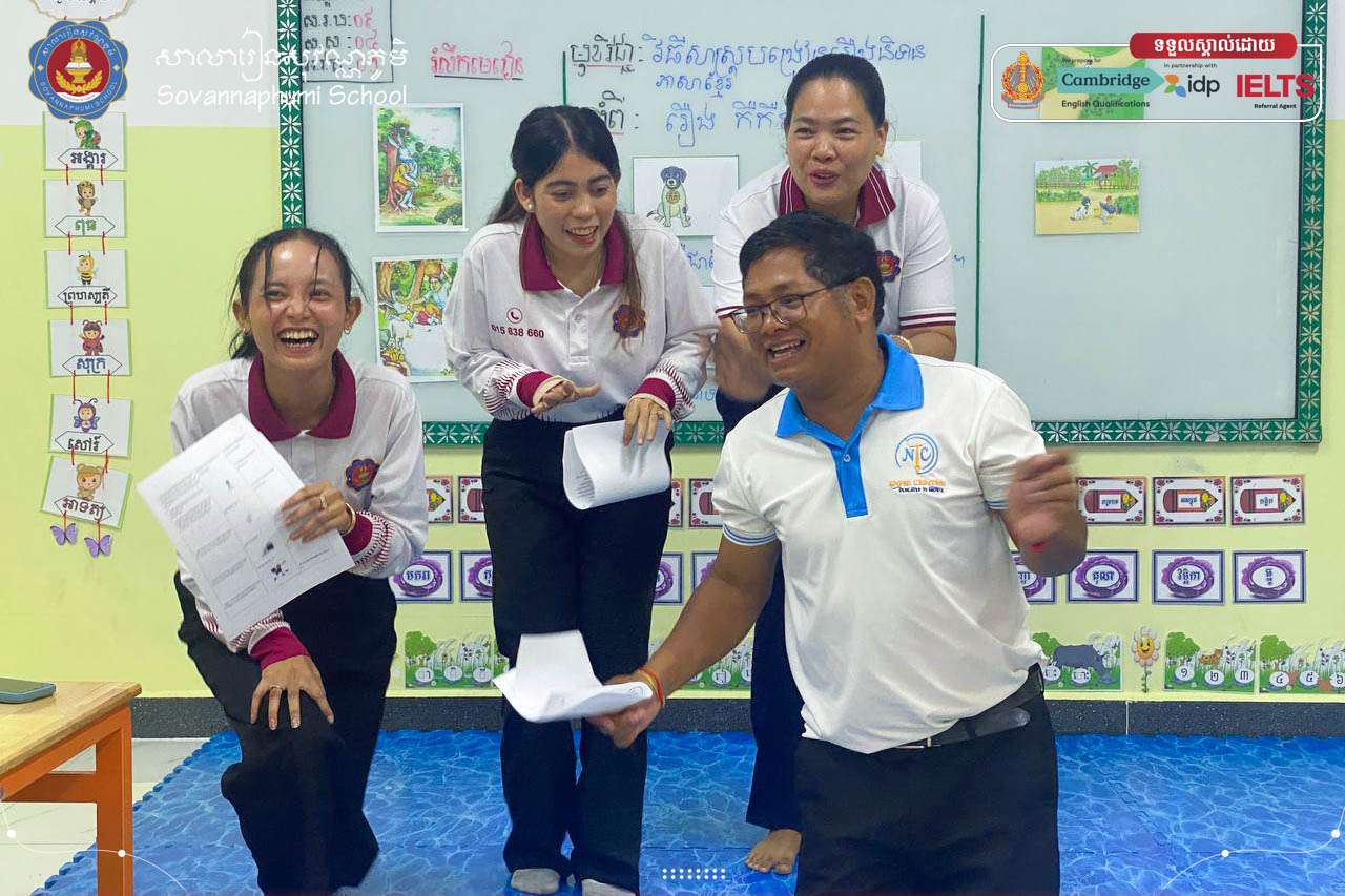 Students and teachers at Sovannaphumi School, Prek Anhchanh Campus, participating in an interactive classroom activity to build skills and teamwork