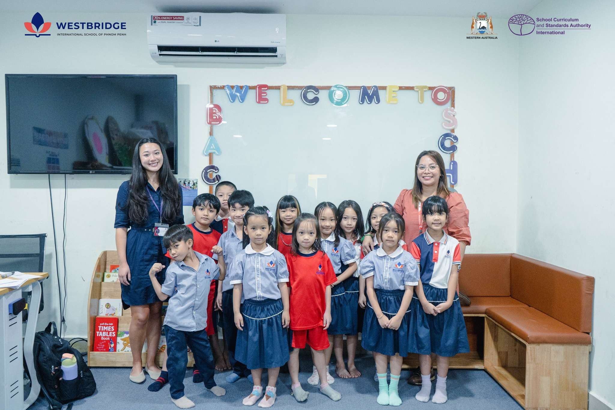Group photo of students and teachers at Westbridge International School of Phnom Penh.