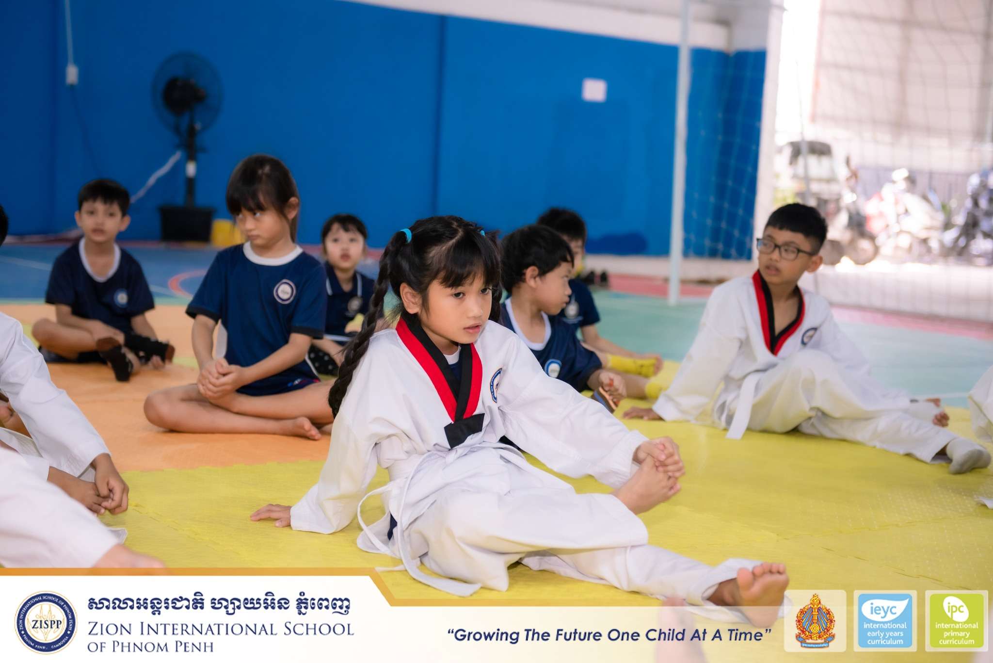 Primary students at Zion International School of Phnom Penh participating in Taekwondo training, developing strength, coordination, discipline, and respect.