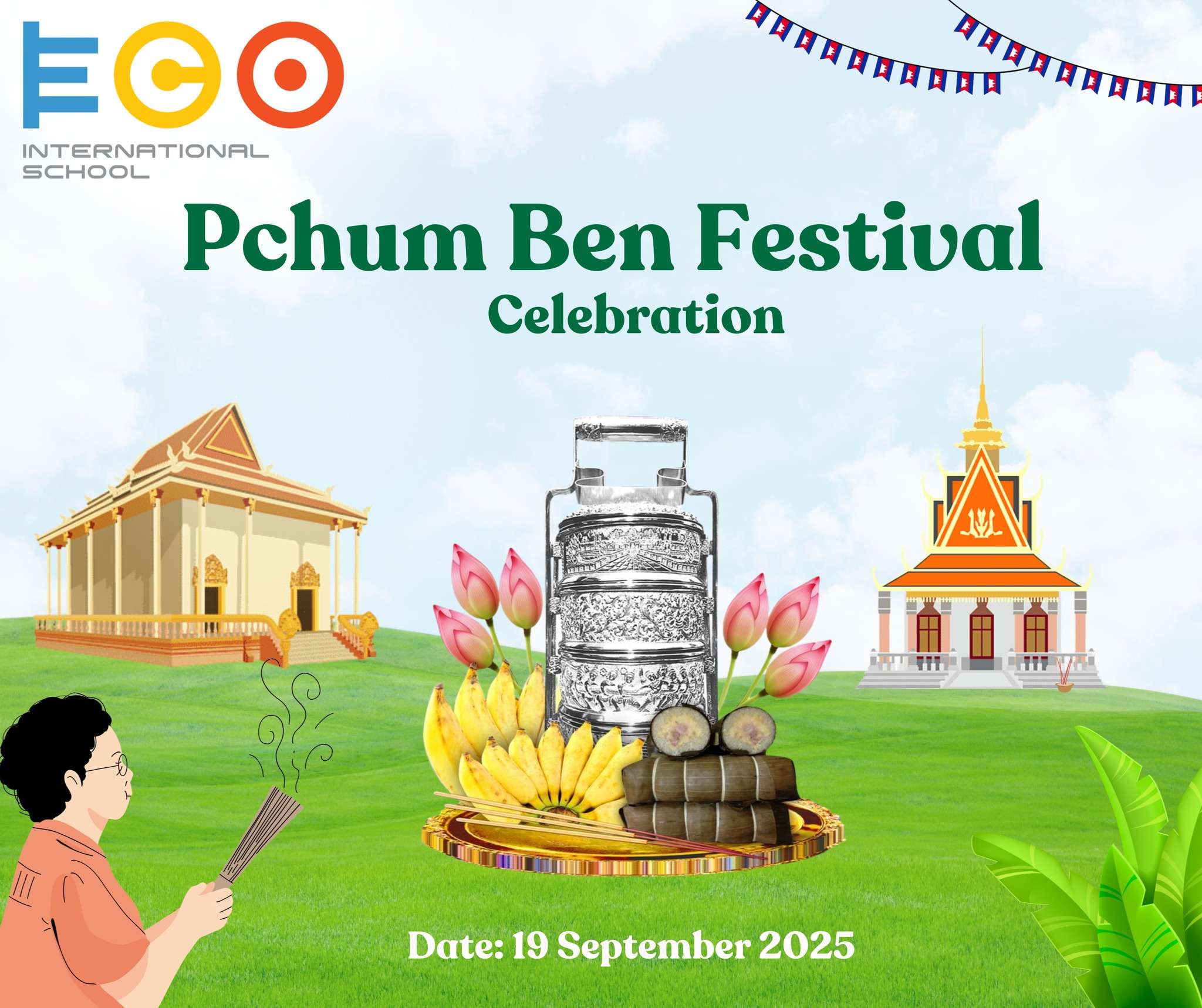 Eco International School Pchum Ben Festival celebration poster with traditional offerings, incense, and pagodas