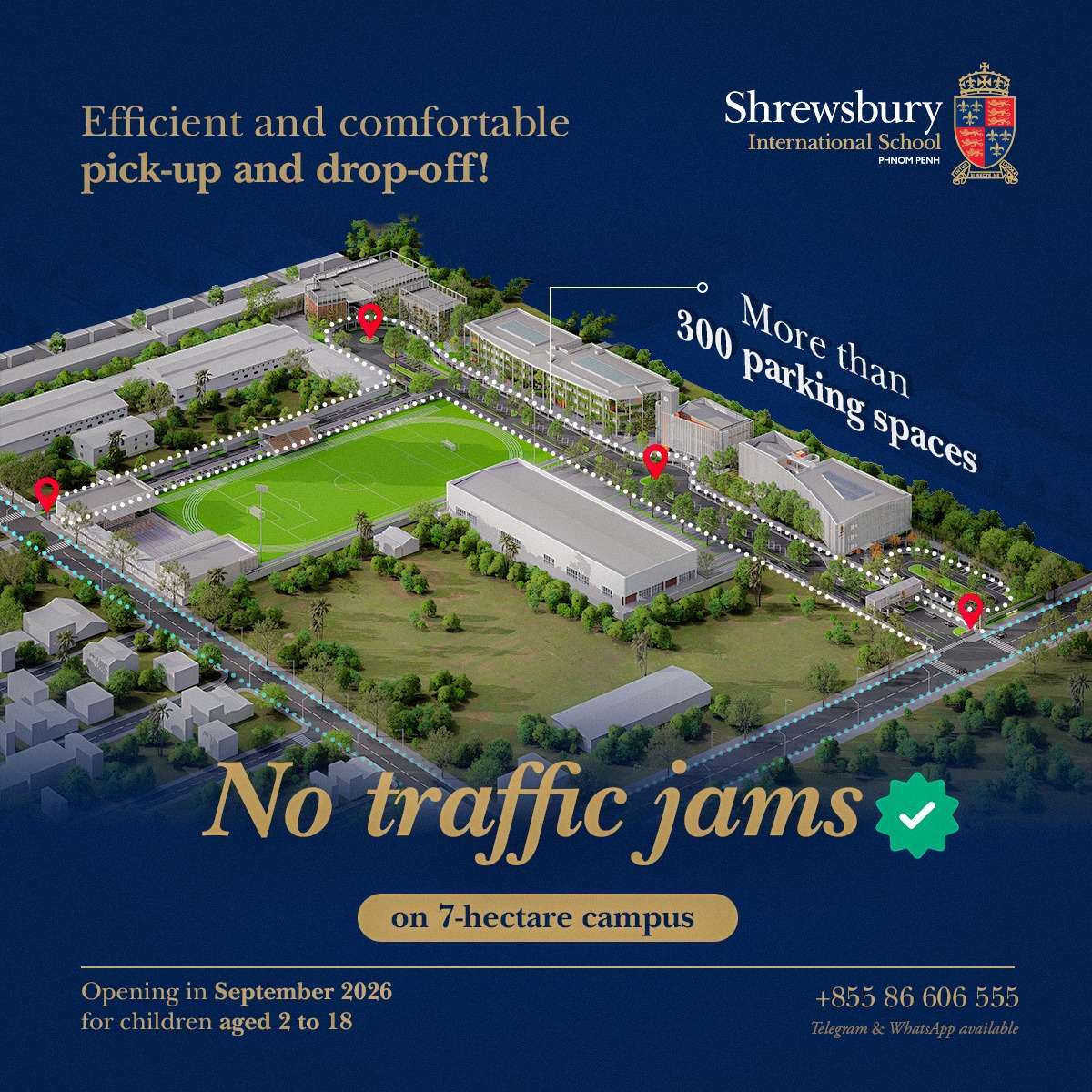 Aerial view of Shrewsbury International School Phnom Penh campus in Sen Sok highlighting traffic lanes and 300+ parking spaces for safe and efficient pick-up and drop-off.
