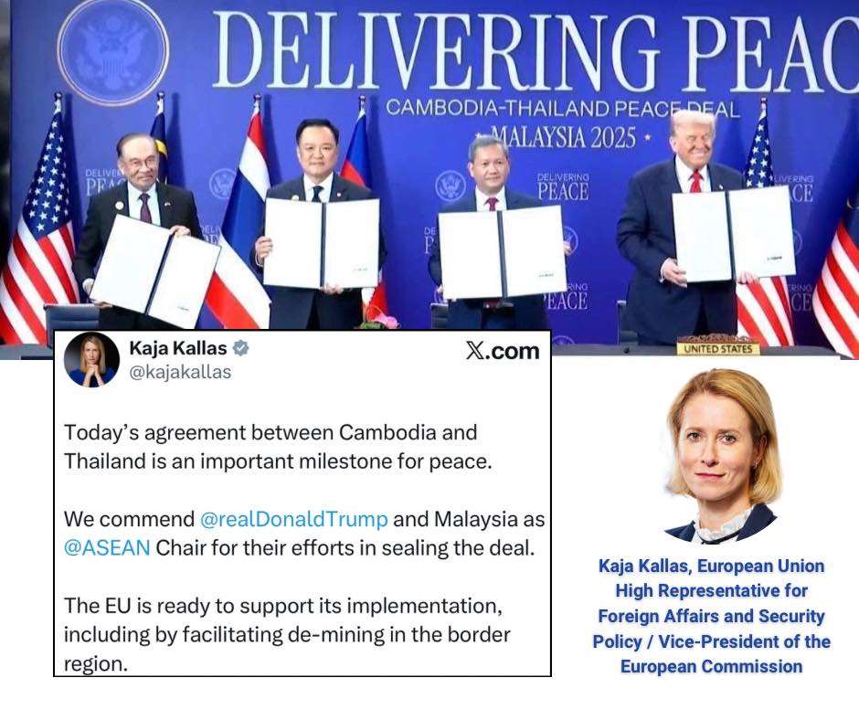 Officials holding signed documents announcing the Cambodia–Thailand peace agreement alongside international representatives