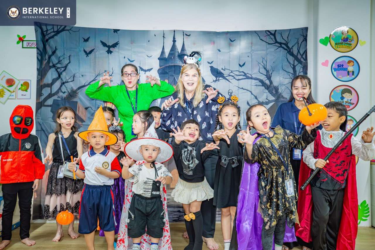 Students celebrating Halloween at Berkeley International School wearing creative costumes
