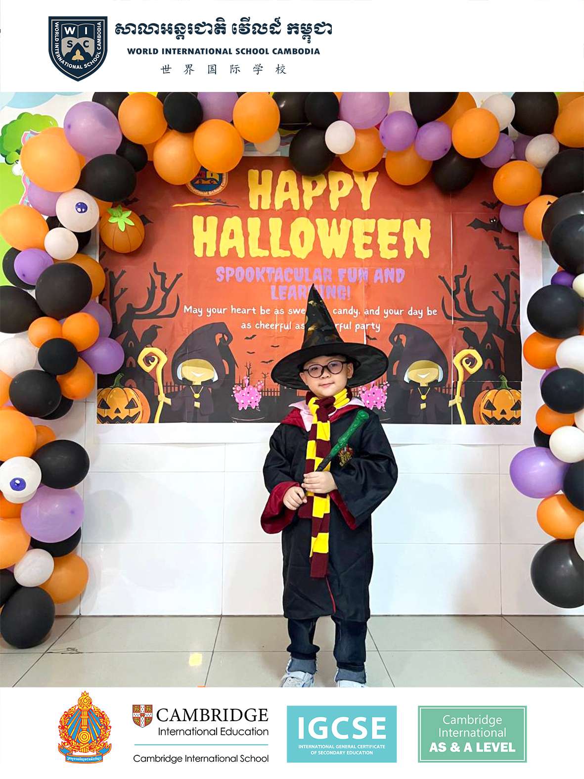 Children in Halloween costumes participating in activities at World International School Cambodia