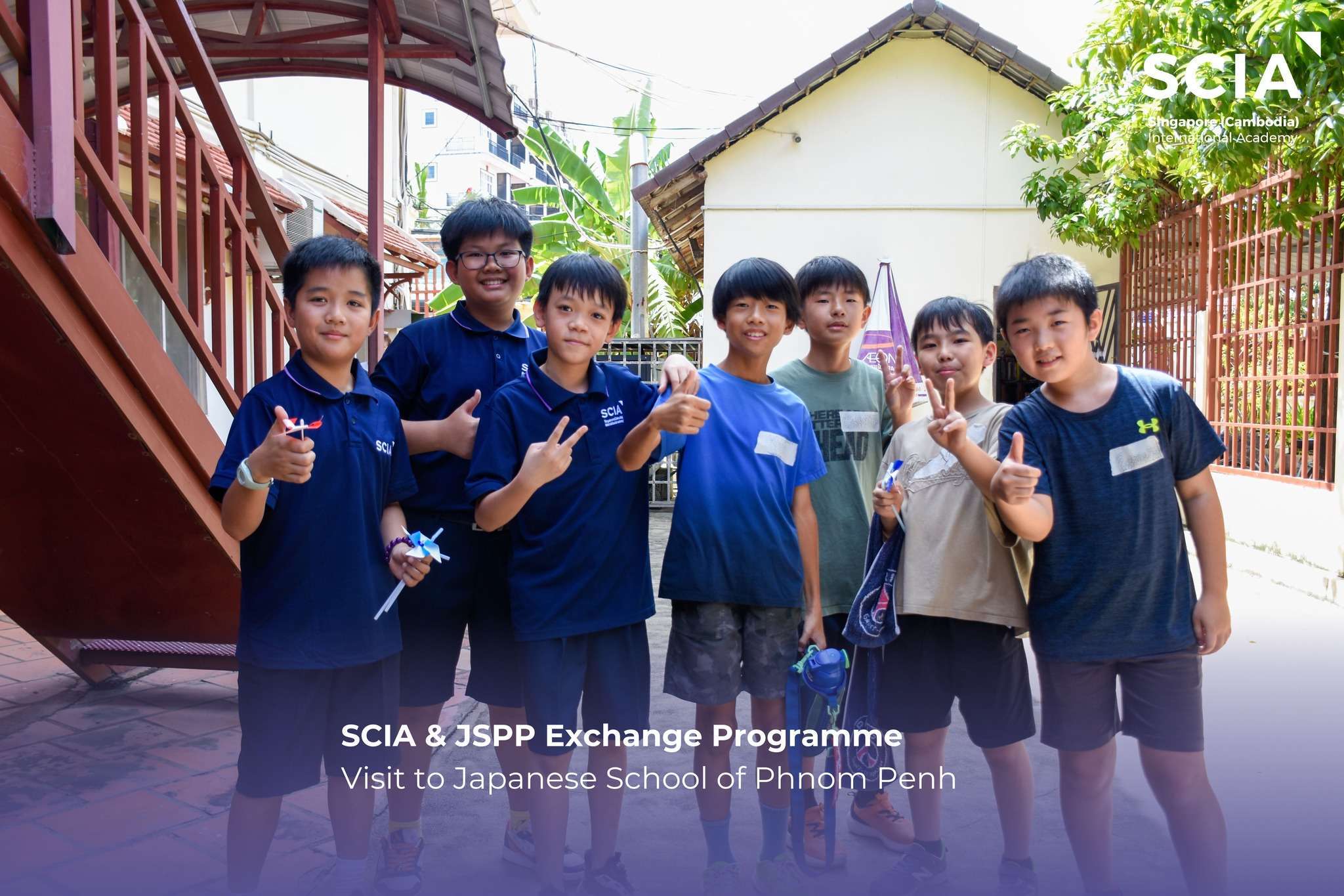 Students from Singapore Cambodia International Academy and Japanese School of Phnom Penh participating in cultural exchange activities during the SCIA–JSPP Exchange Programme.