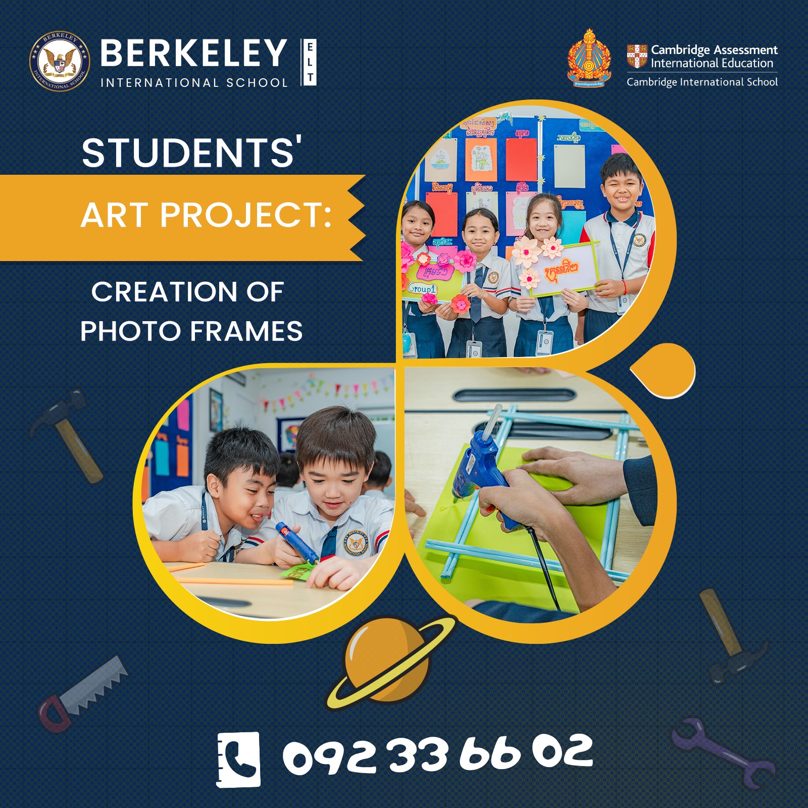 Students at Berkeley International School participating in a hands-on art project creating customized photo frames.