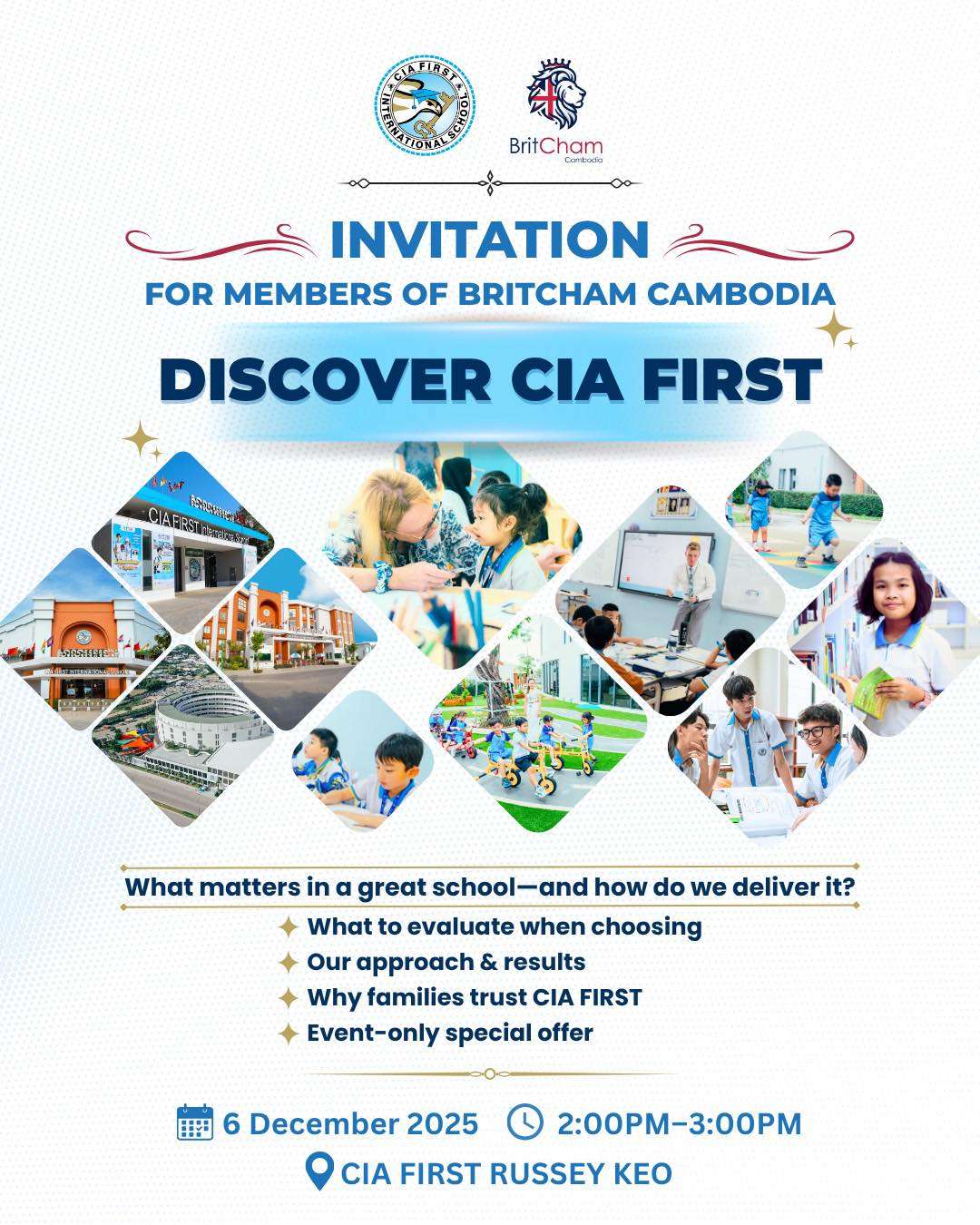 Promotional announcement for Discover CIA FIRST International School event shared by BritCham Cambodia, highlighting school programs and facilities.