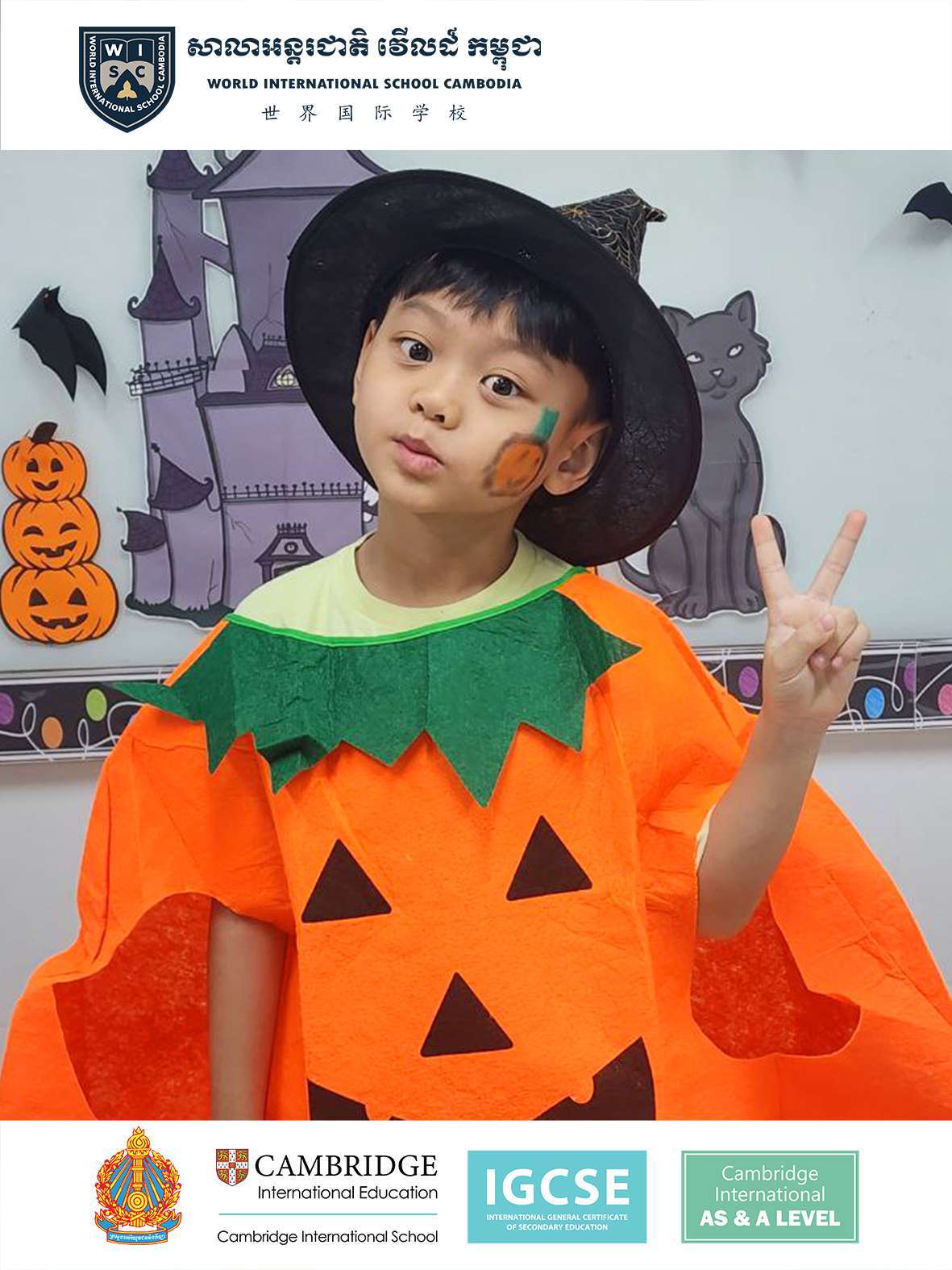 Children in Halloween costumes participating in school celebration at World International School Cambodia