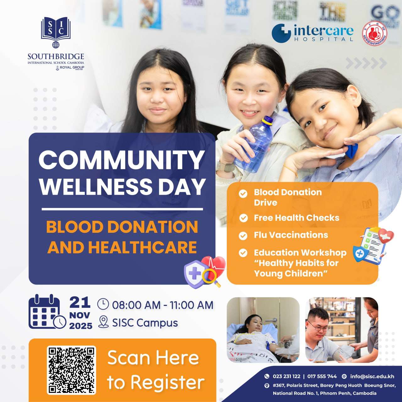 Students smiling in promotional posters for Southbridge International School Cambodia’s Community Wellness Day featuring blood donation and health activities.
