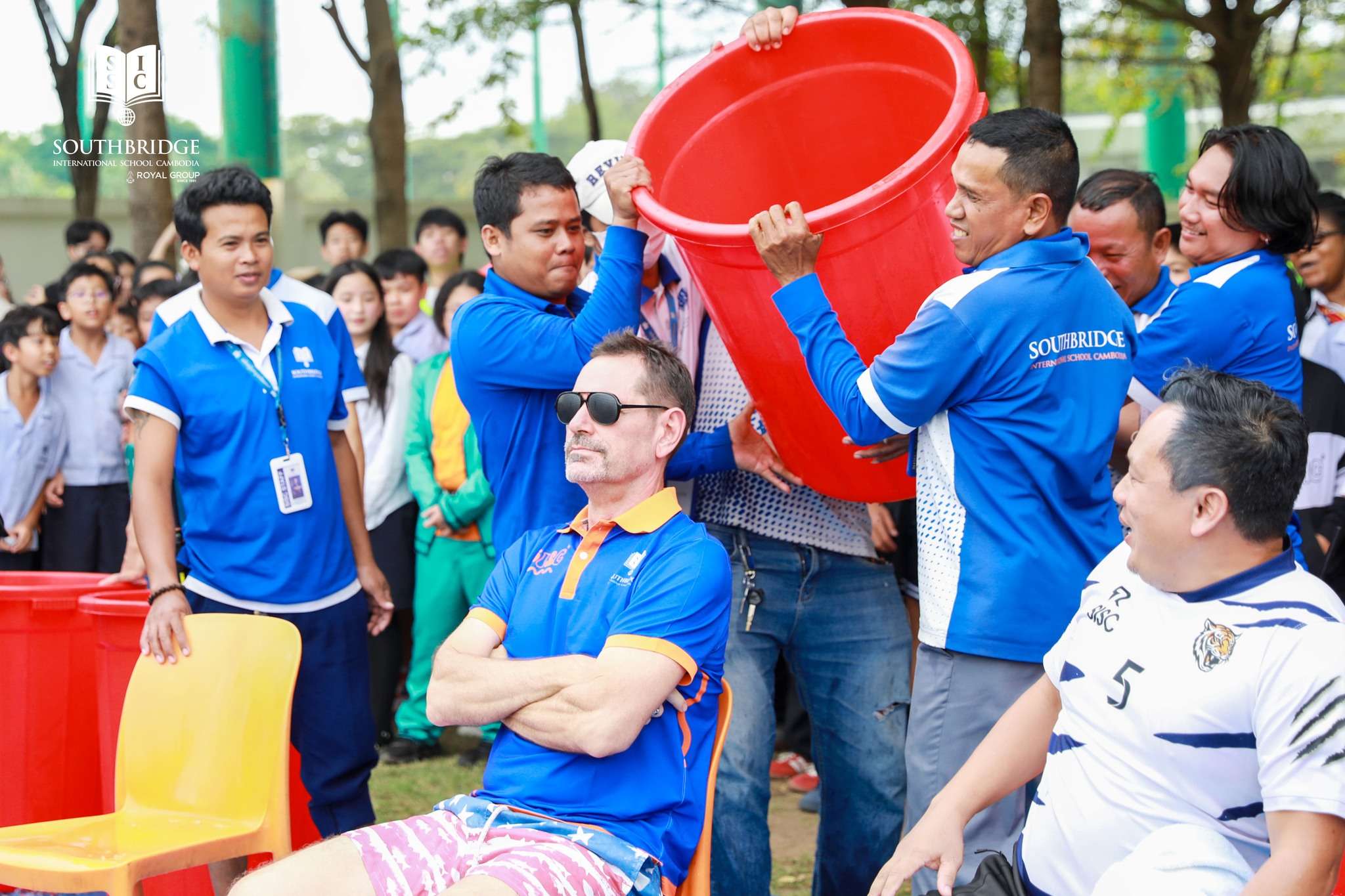 Students and staff at Southbridge International School Cambodia participate in an Ice Bucket Challenge to raise funds for PSE.