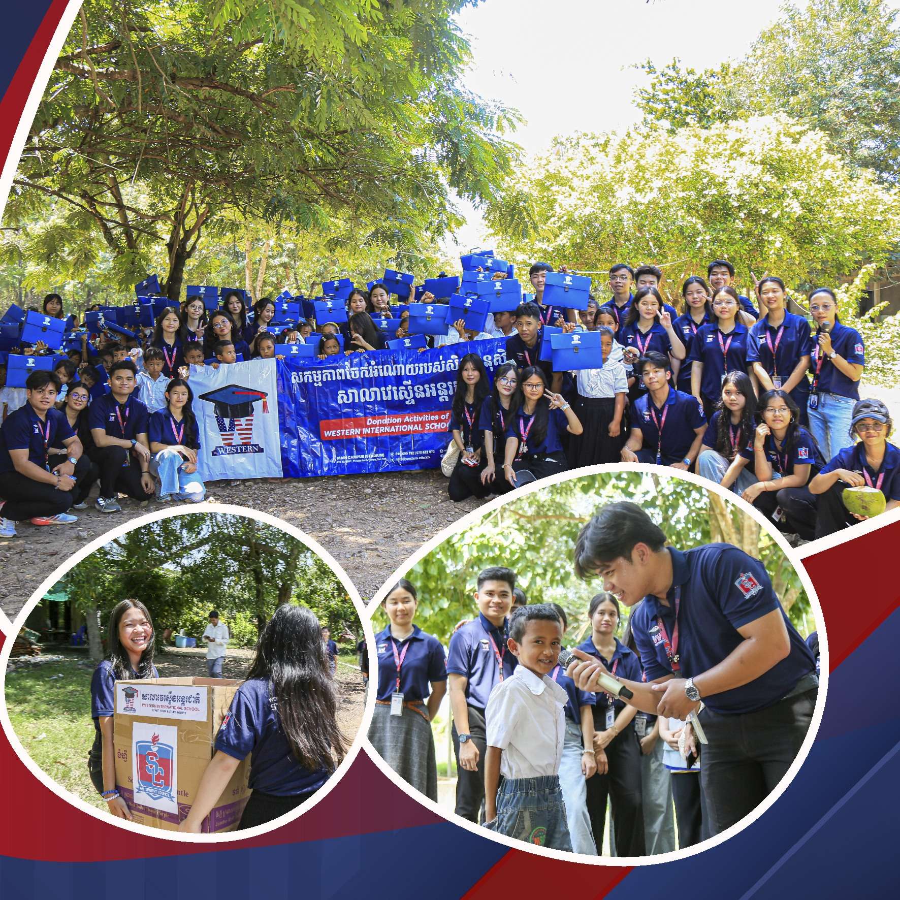 Western International School students promoting a charity donation program for rural school children, featuring posters and group activities.