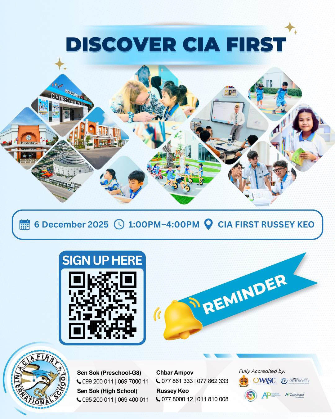 Promotional poster showing CIA First International School Open Day details with photos of students, classrooms, and campus facilities.