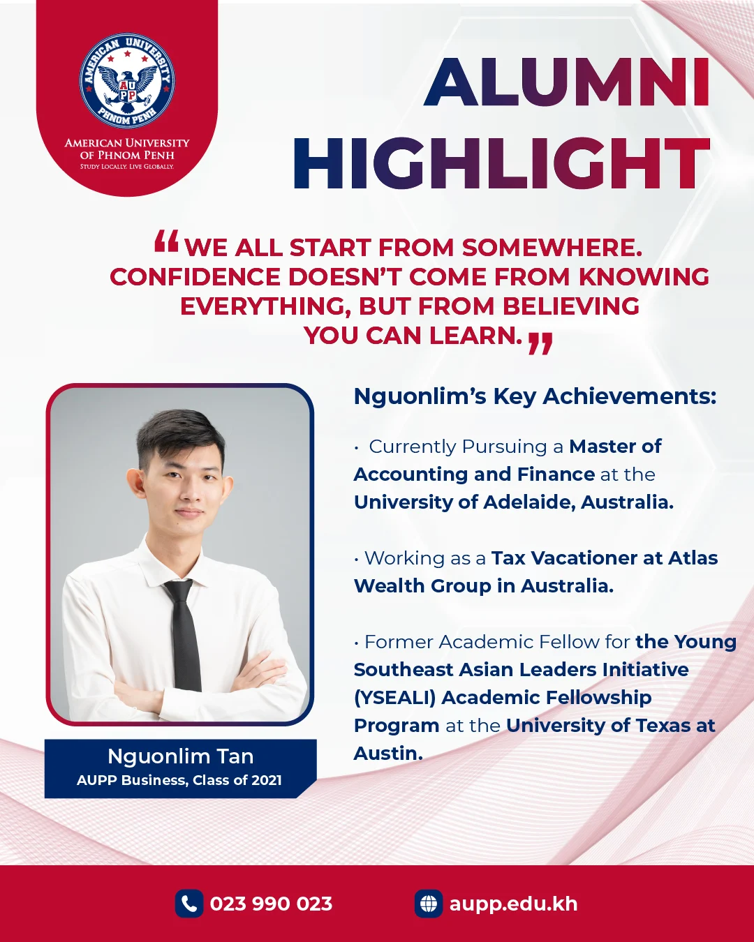 American University of Phnom Penh alumni spotlight featuring a graduate’s academic and professional achievements