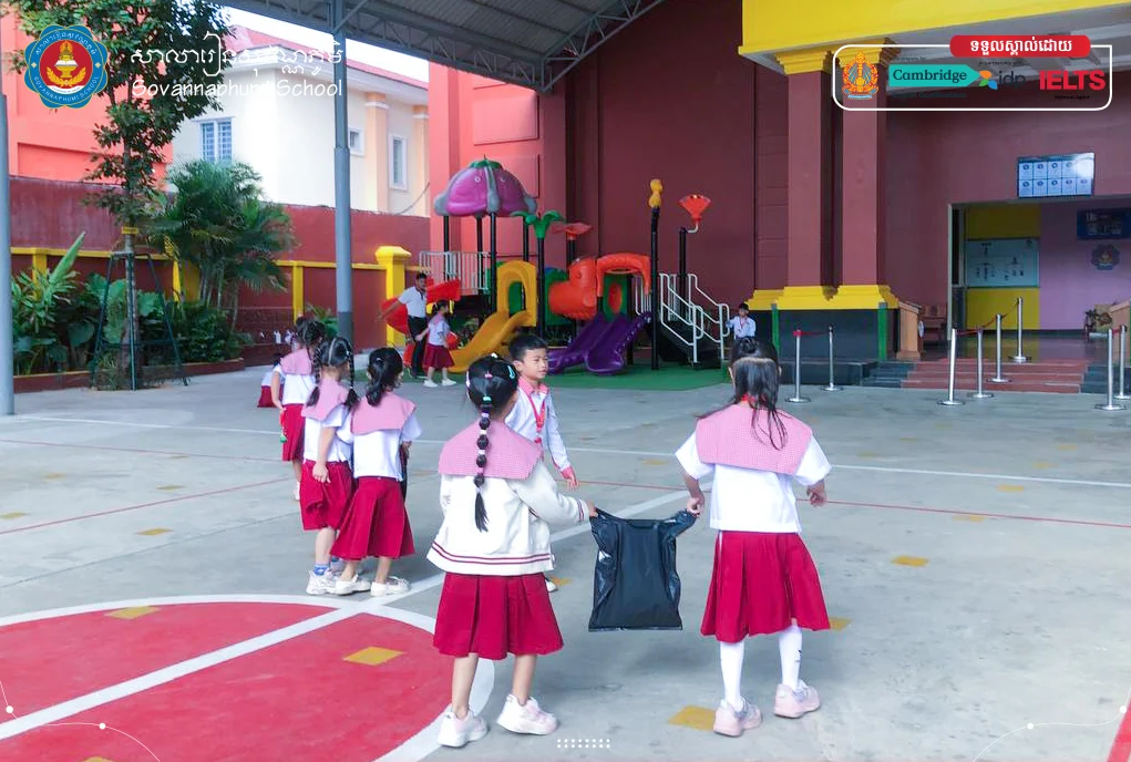 Students participating in 5S Day activities at Sovannaphumi School Prek Anhchanh Campus