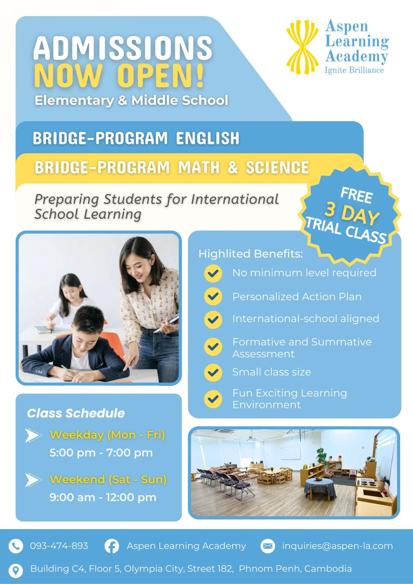 Aspen Learning Academy Bridge Program admissions poster highlighting English, Math, and Science preparation for international school students in Phnom Penh