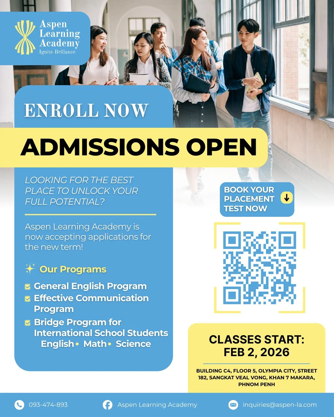 Students walking and discussing together at Aspen Learning Academy during an English learning environment