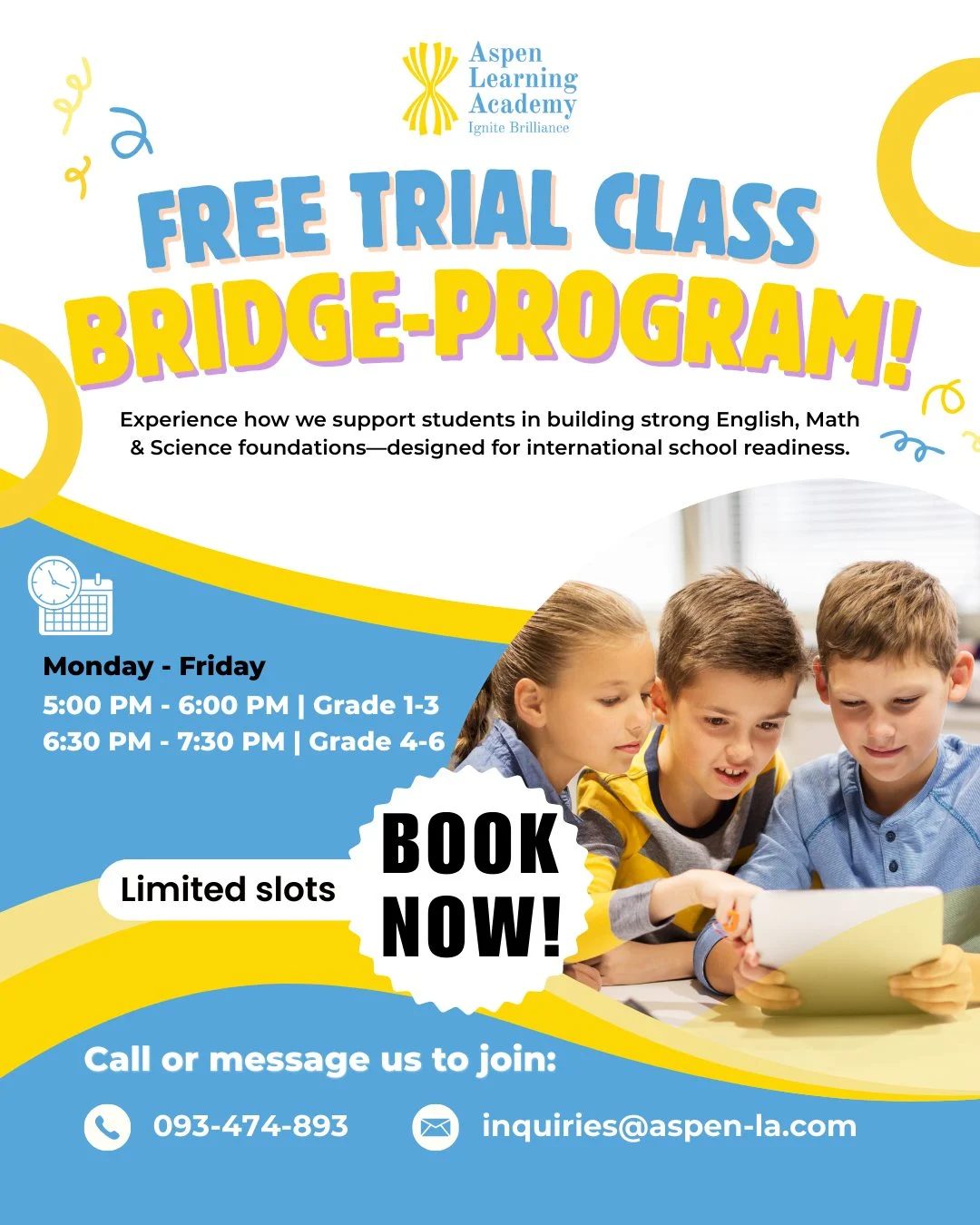 Aspen Learning Academy free trial bridge program promoting English, math, and science readiness for international school students in Phnom Penh