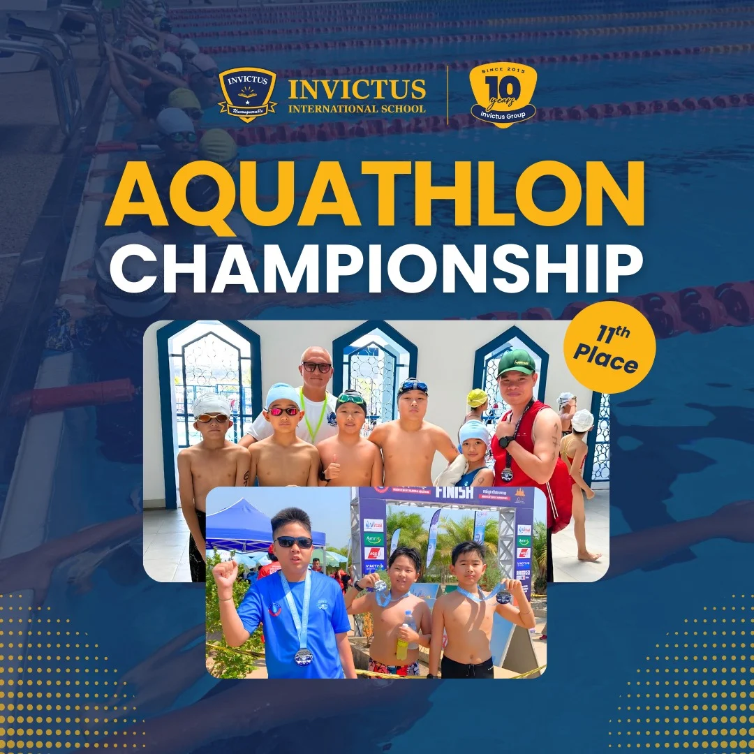 Invictus International School Phnom Penh swim team celebrating participation in the Aquathlon Championship 2026