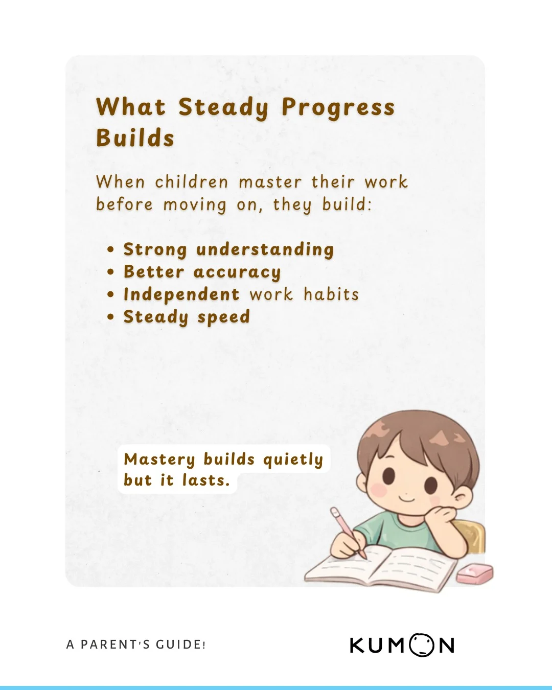 Educational message from Kumon Cambodia explaining that children progress at different speeds and should build strong learning foundations.