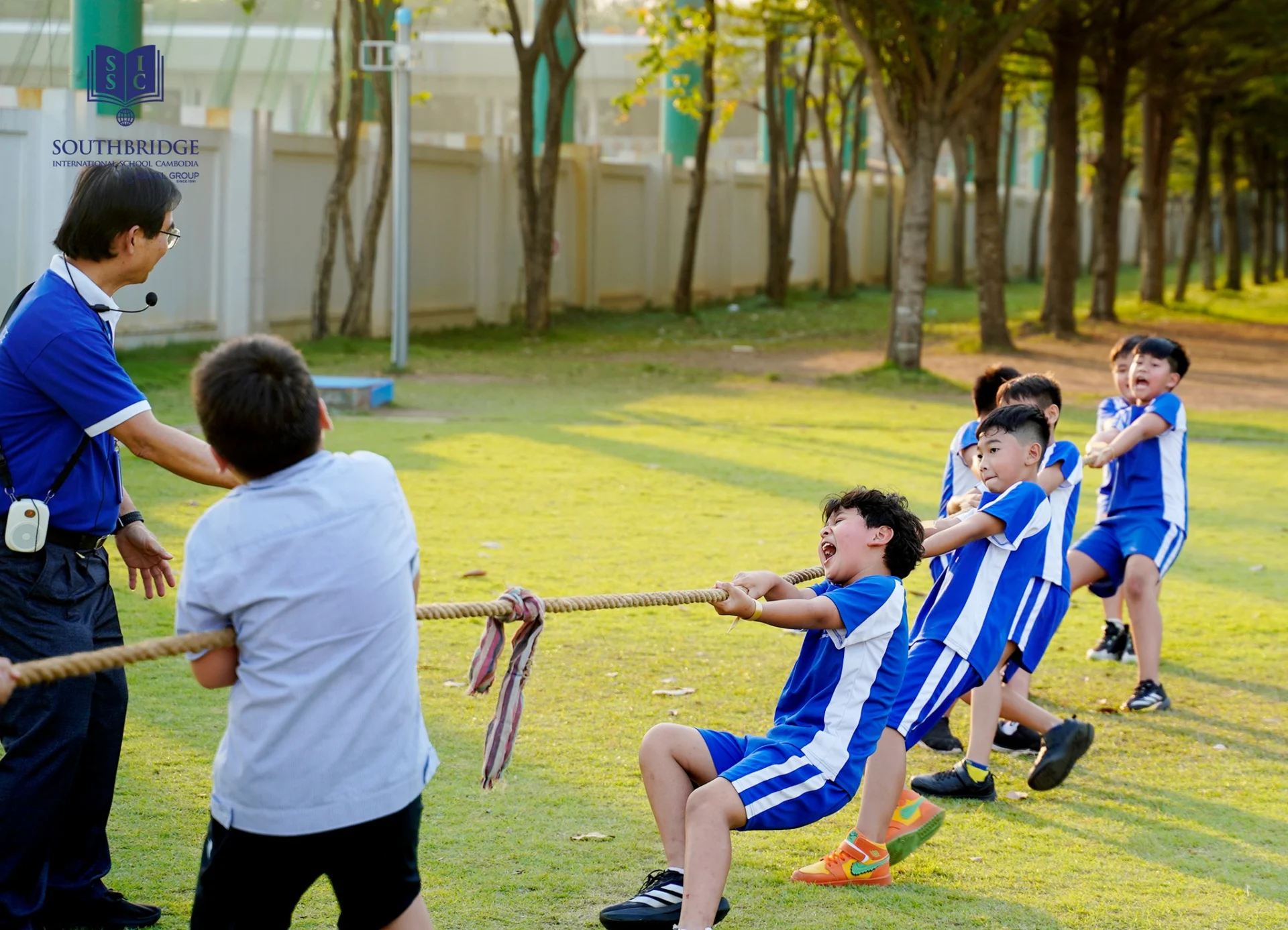 Year 4 and Year 5 students participating in outdoor team-building activities during an overnight in-school camp at Southbridge International School Cambodia