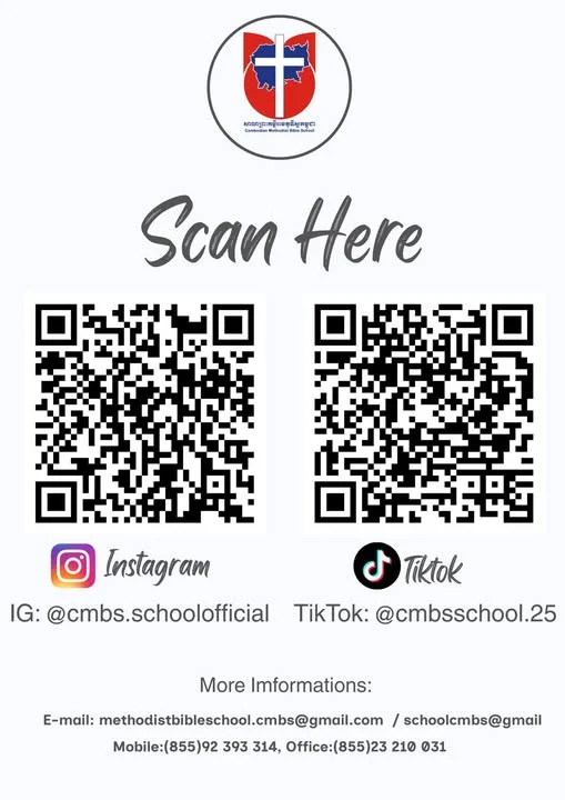 Cambodian Methodist Bible School announcement showing QR codes linking to the school’s official Instagram and TikTok accounts
