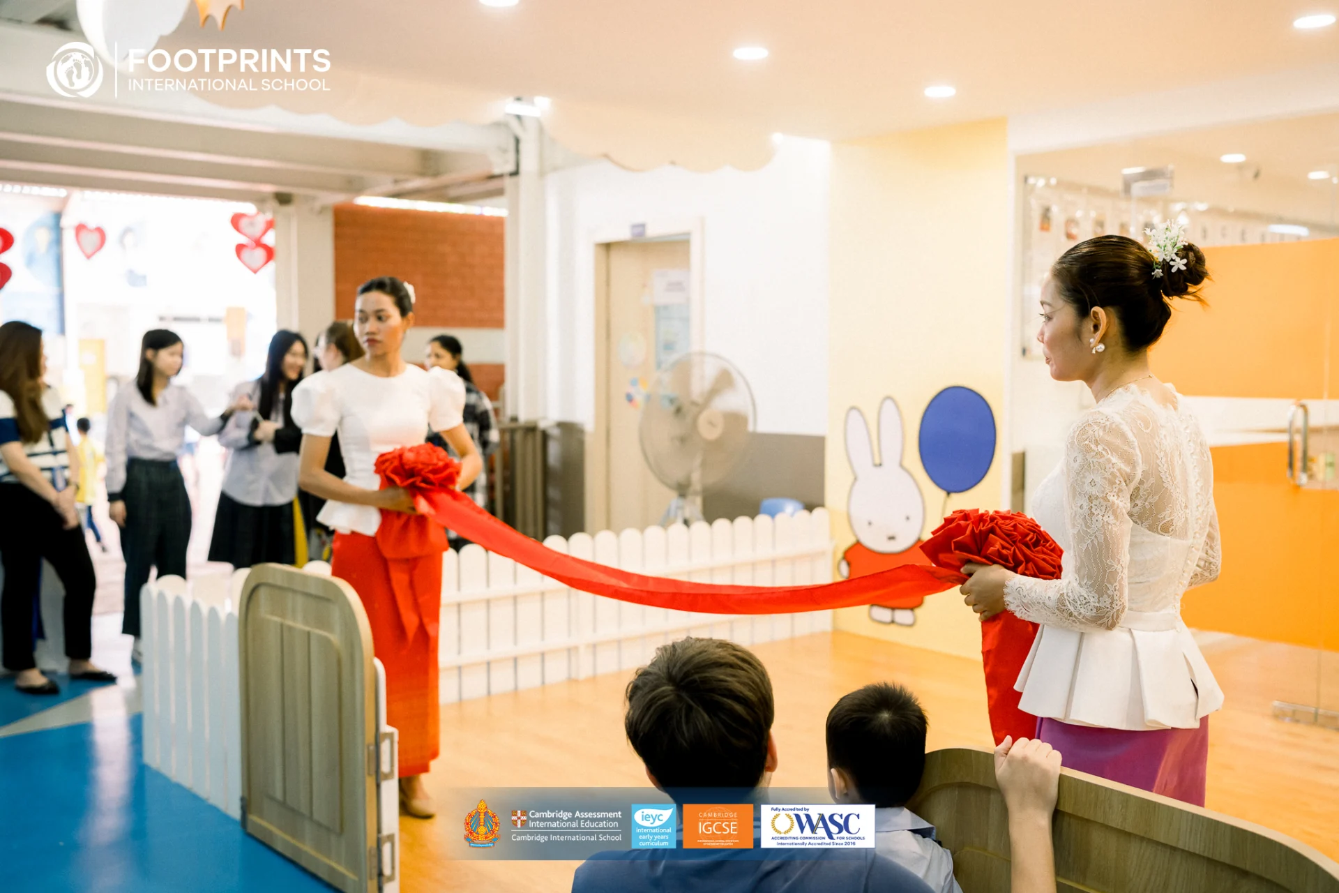 Opening ceremony of The Wonder Nest early learning space at Footprints International School with students, teachers, and parents in Phnom Penh.